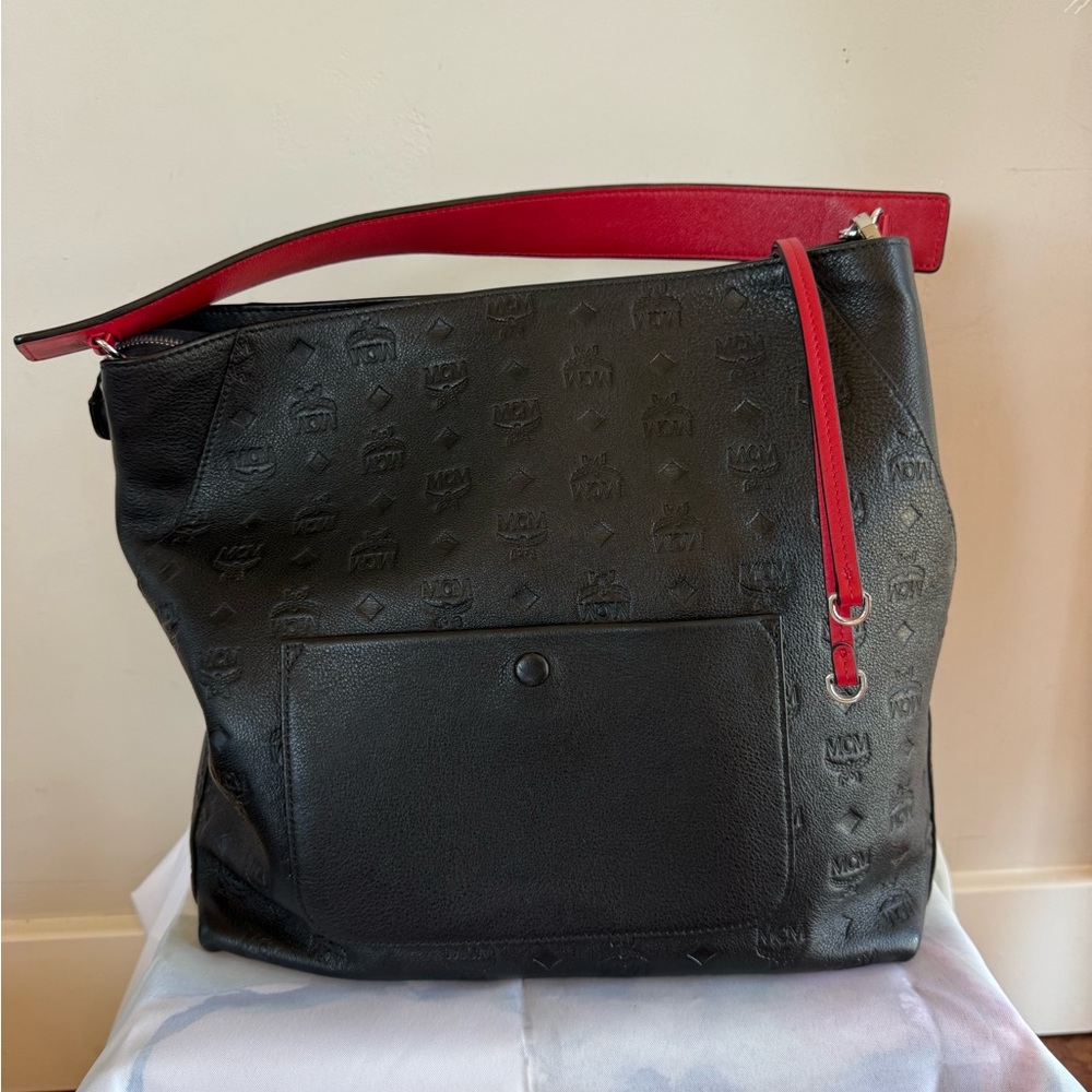 MCM Black Leather Tote with Red Accents